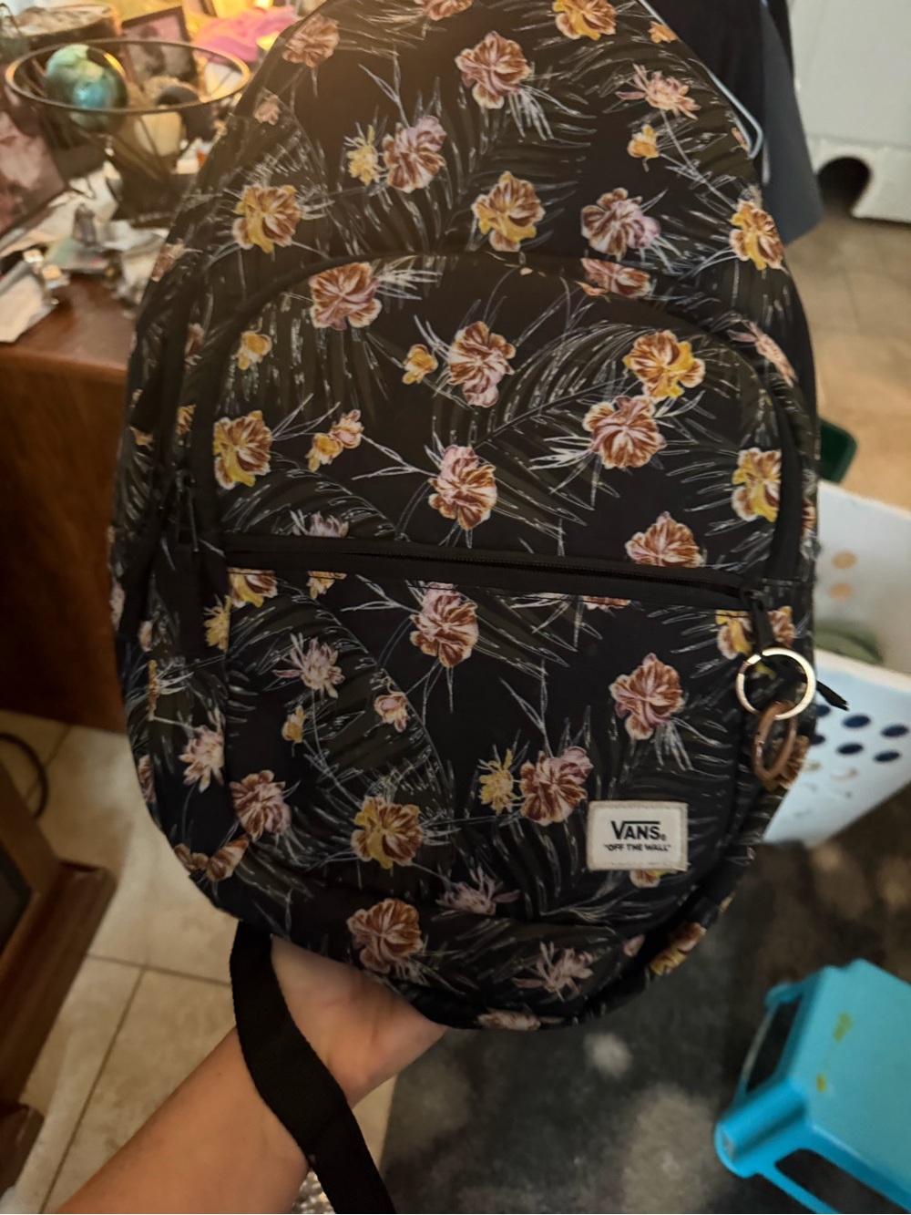 Vans Black Floral Backpack with Yellow and Pink Blooms